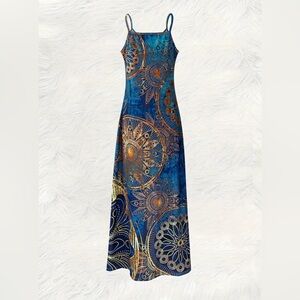 Bohemian Blue and Orange Sunburst Maxi Dress NWOT